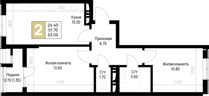 2-комн. 53.1 м²