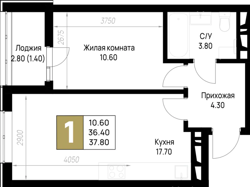 1-комн. 37.8 м²
