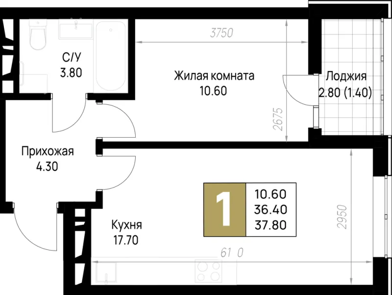 1-комн. 37.8 м²