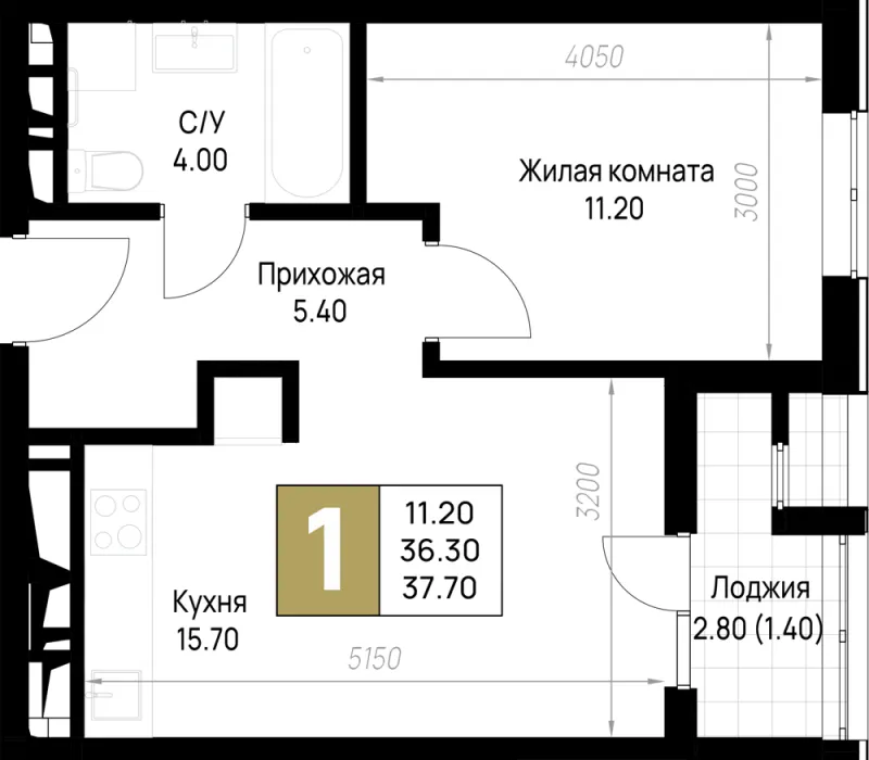 1-комн. 37.7 м²