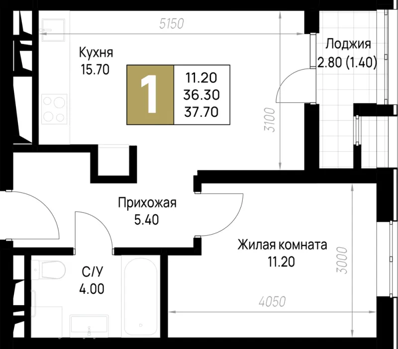 1-комн. 37.7 м²