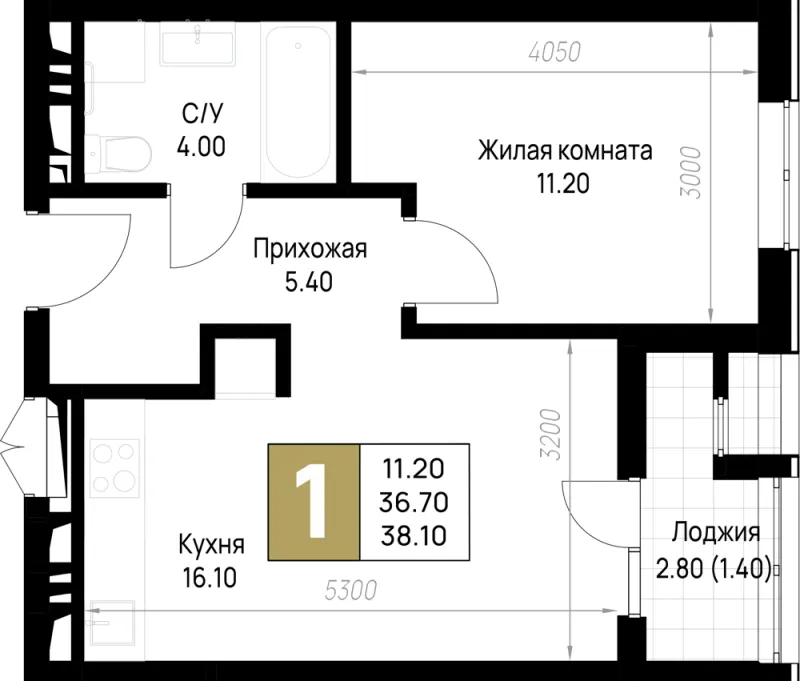 1-комн. 38.1 м²