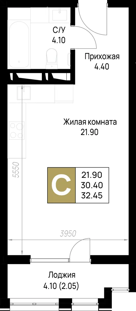 Студия 32.5 м²