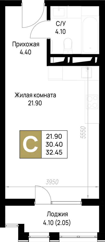 Студия 32.5 м²