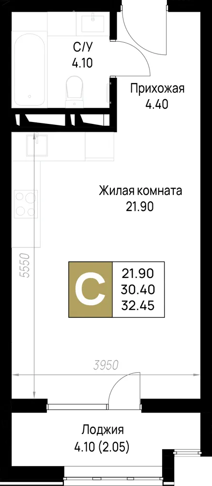 Студия 32.5 м²