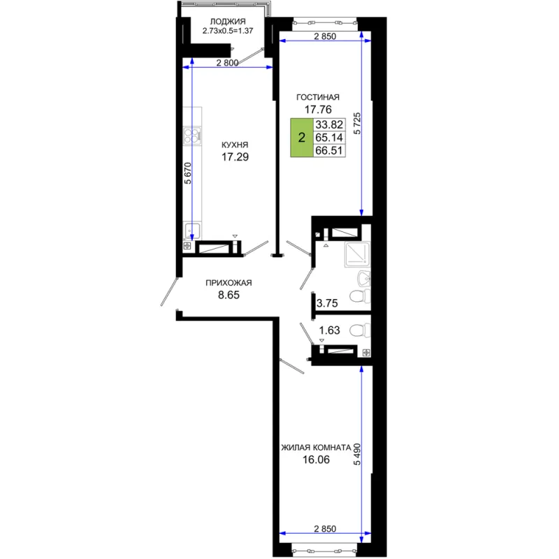 2-комн. 66.5 м²