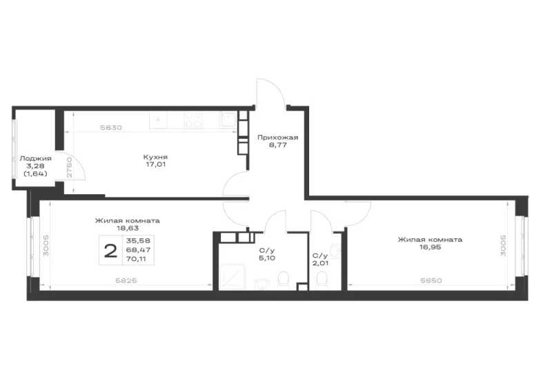 2-комн. 70.1 м²