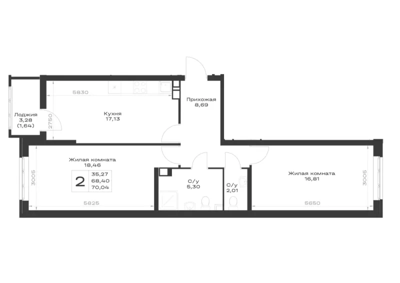 2-комн. 70 м²