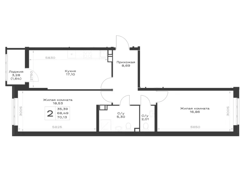 2-комн. 70.1 м²