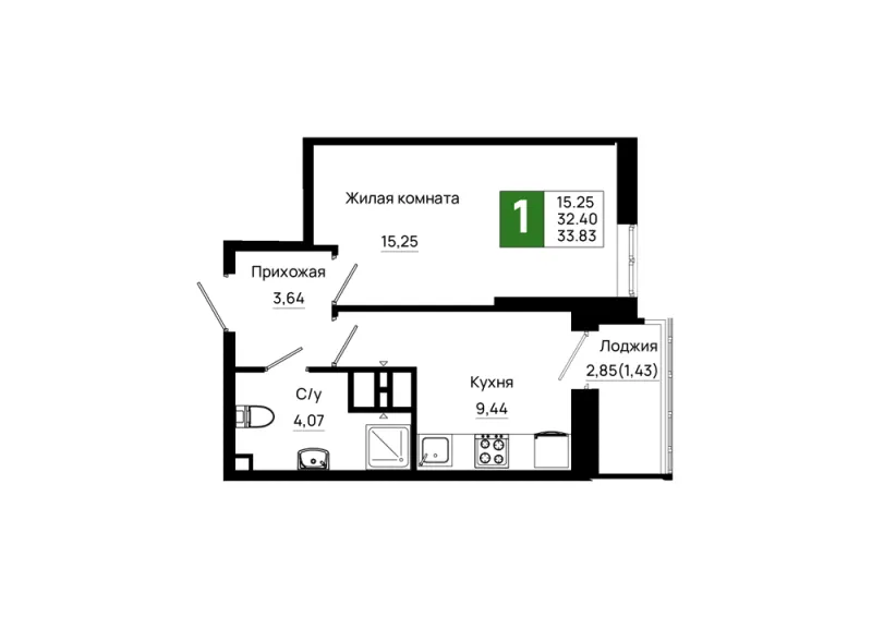 1-комн. 33.8 м²