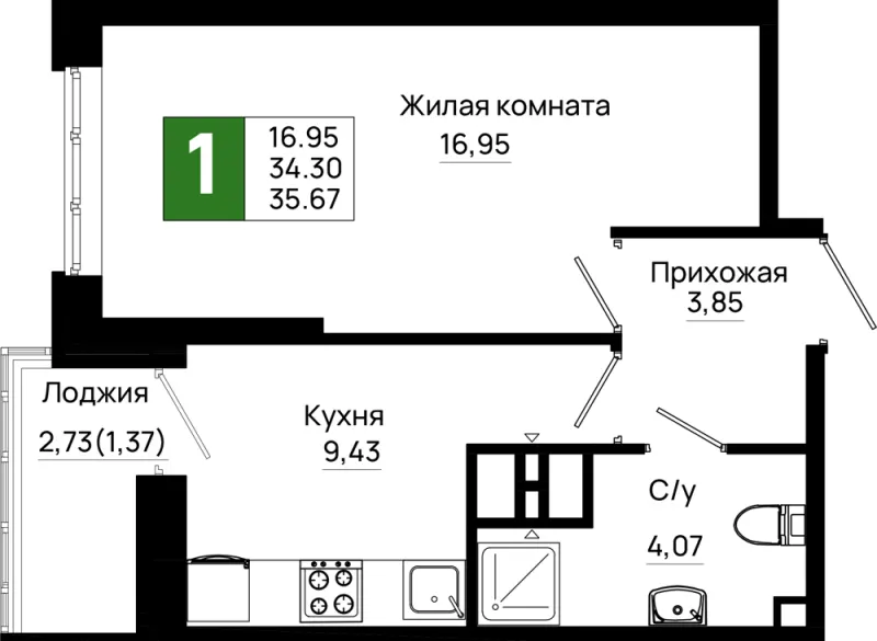 1-комн. 35.7 м²