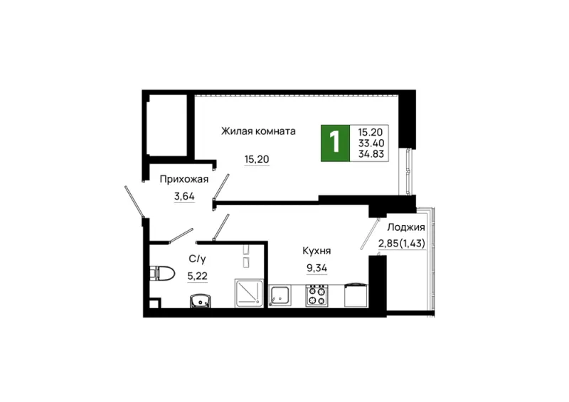1-комн. 34.8 м²