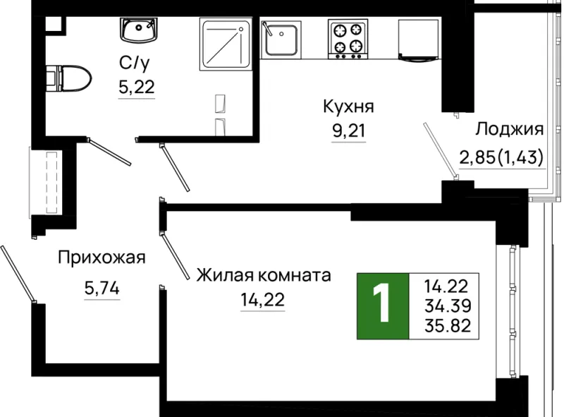 1-комн. 35.8 м²