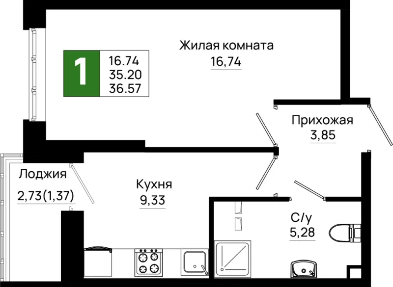 1-комн. 36.6 м²