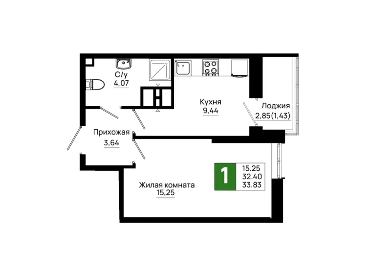 1-комн. 33.8 м²
