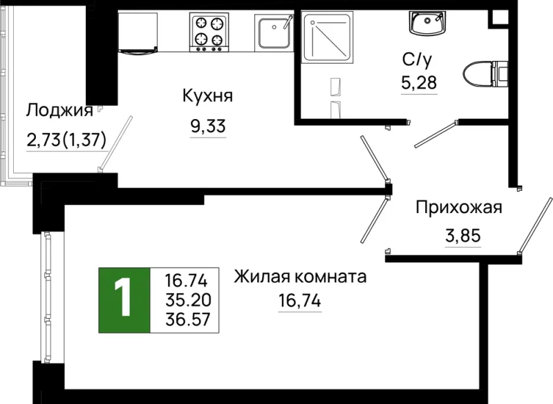 1-комн. 36.6 м²