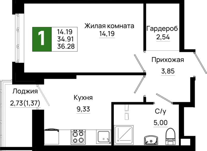 1-комн. 36.3 м²