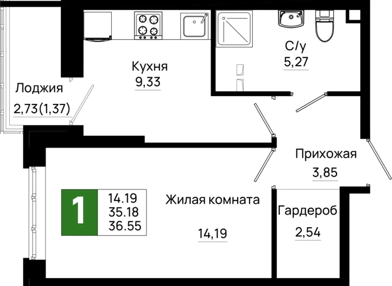 1-комн. 36.6 м²