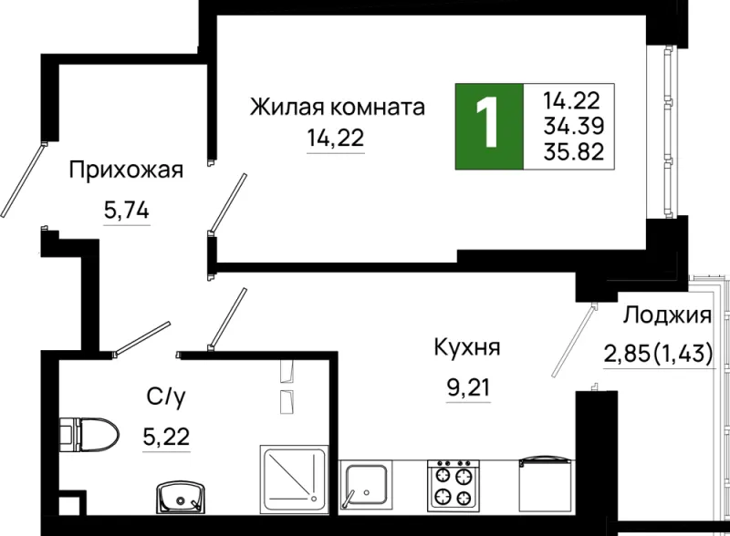 1-комн. 35.8 м²
