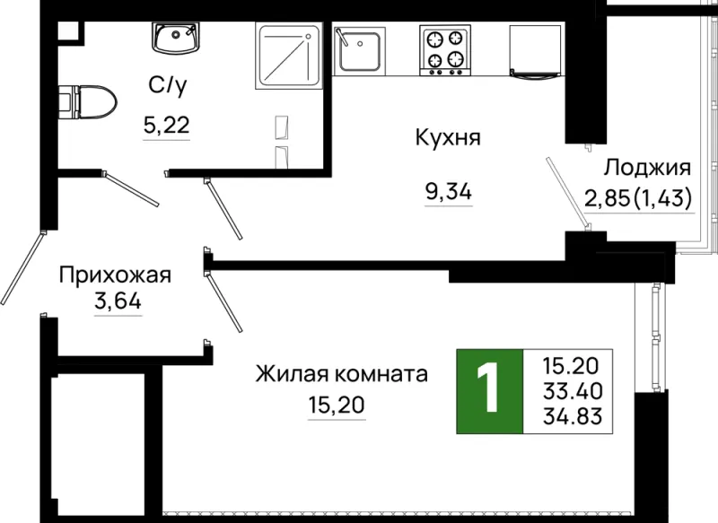 1-комн. 34.8 м²