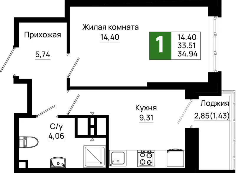 1-комн. 34.9 м²