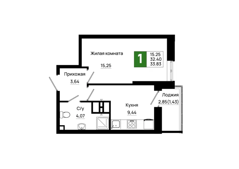 1-комн. 33.8 м²