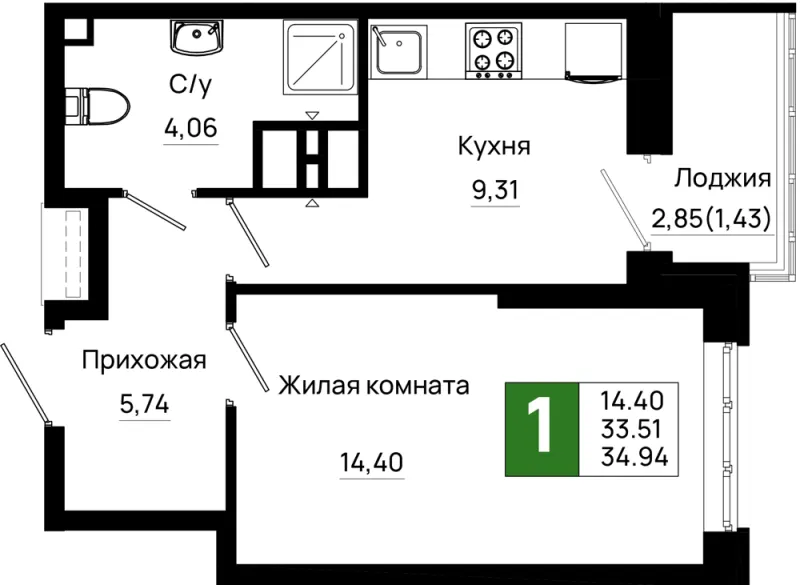 1-комн. 34.9 м²