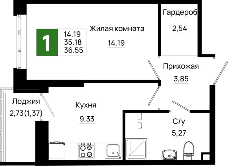 1-комн. 36.6 м²