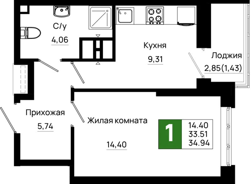 1-комн. 34.9 м²