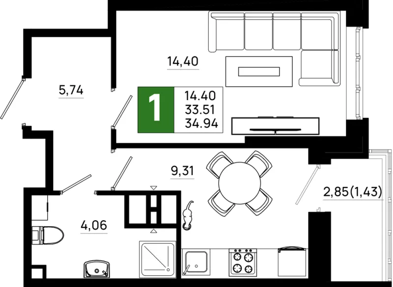 1-комн. 34.9 м²