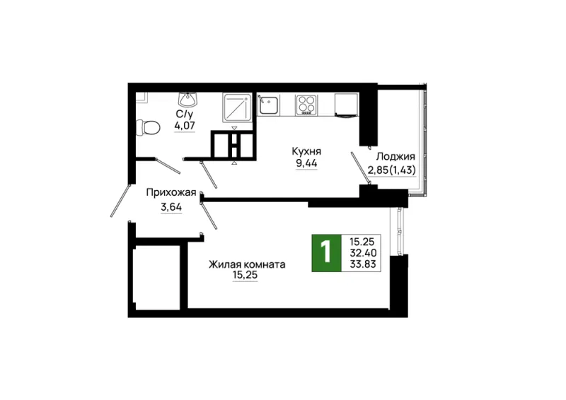 1-комн. 33.8 м²
