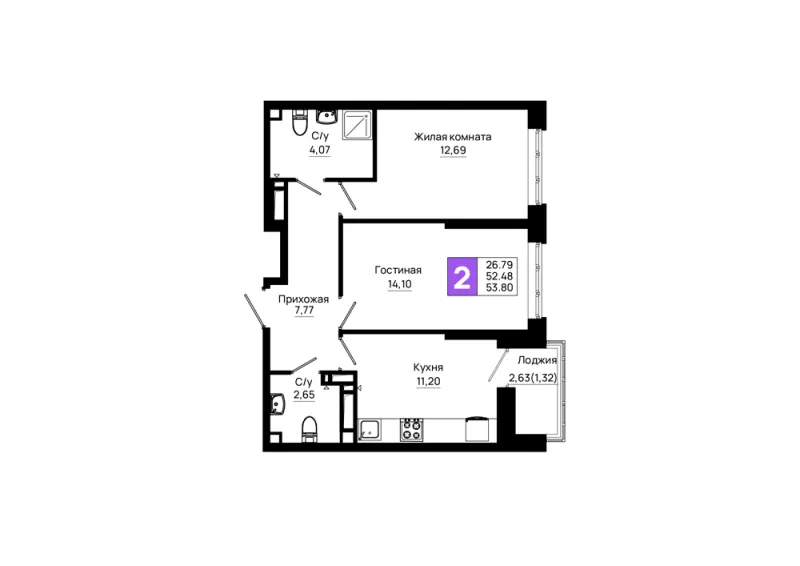 2-комн. 53.8 м²