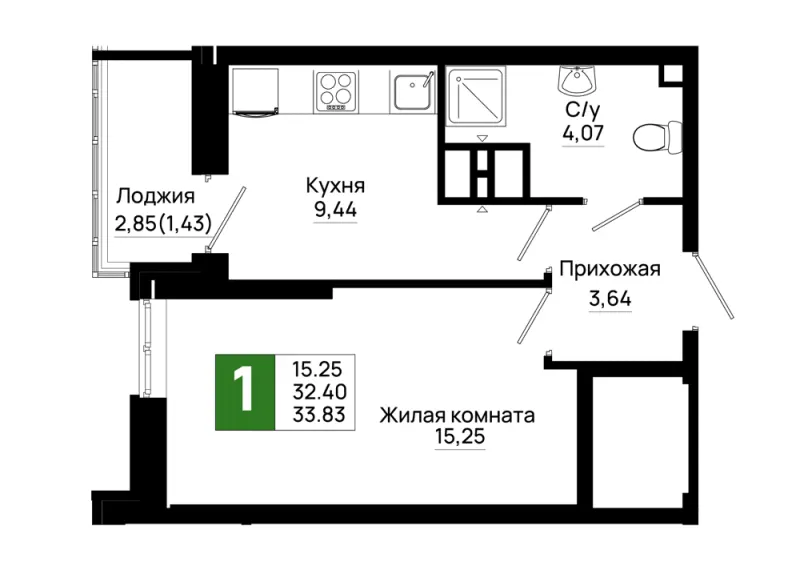 1-комн. 33.8 м²