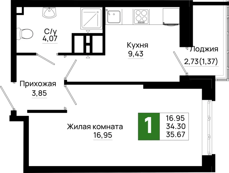 1-комн. 35.7 м²