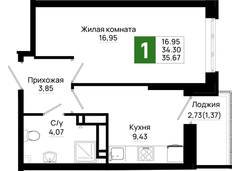 1-комн. 35.7 м²
