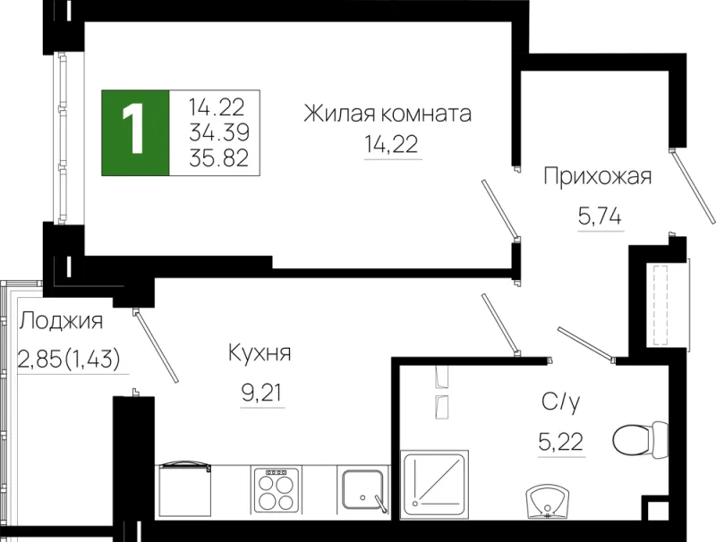 1-комн. 35.8 м²