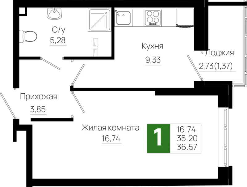 1-комн. 36.6 м²