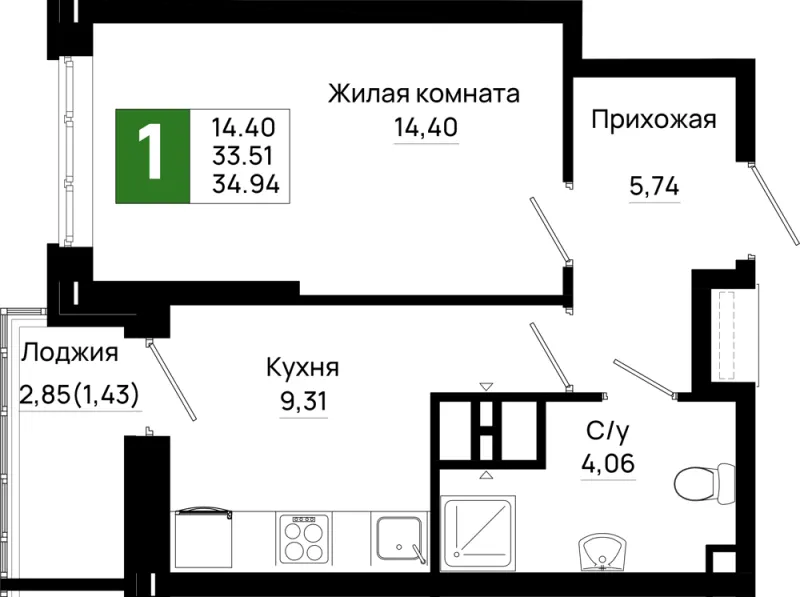 1-комн. 34.9 м²
