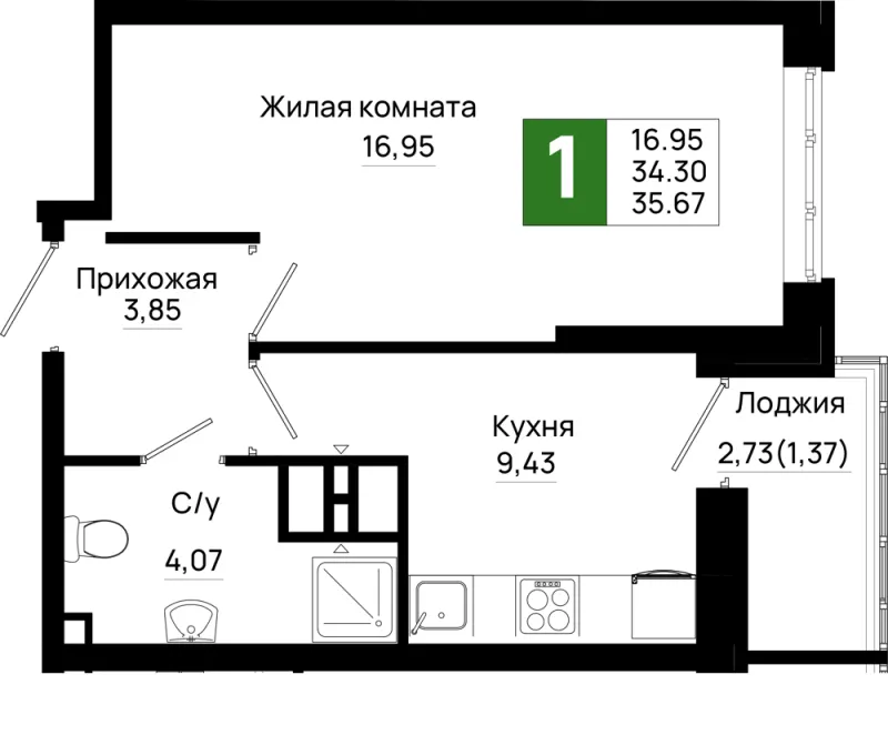 1-комн. 35.7 м²