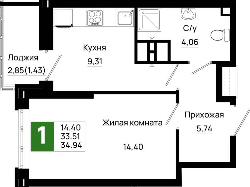 1-комн. 34.9 м²