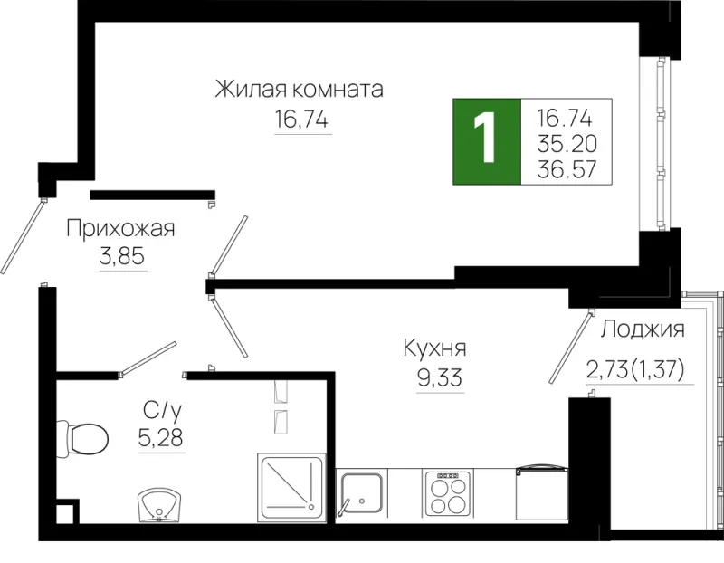 1-комн. 36.6 м²