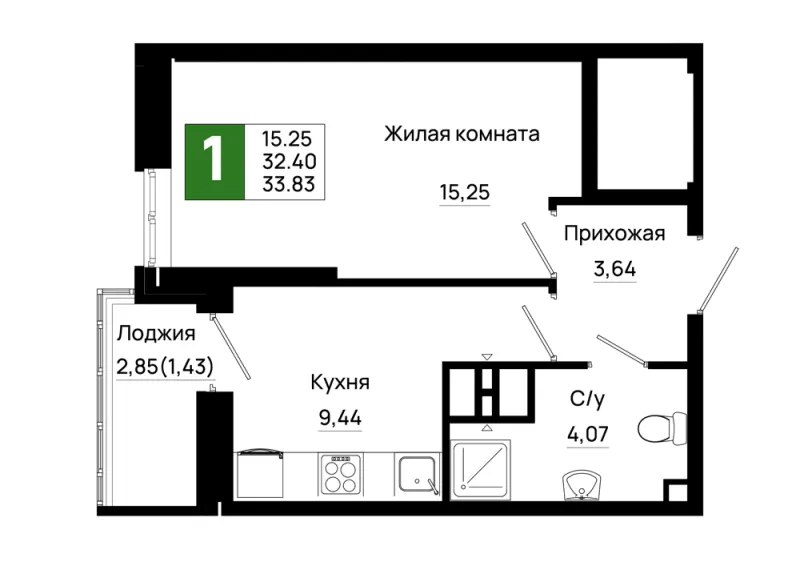1-комн. 33.8 м²