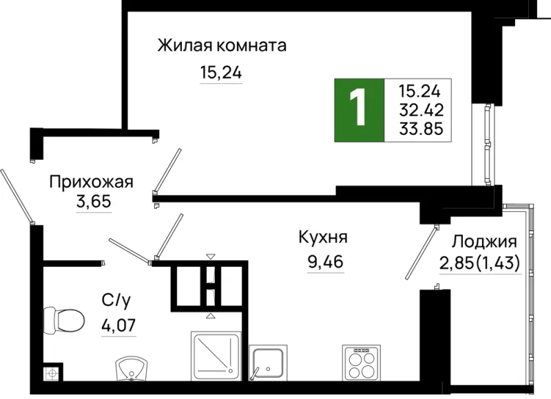 1-комн. 33.9 м²