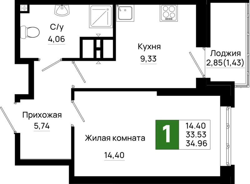 1-комн. 35 м²