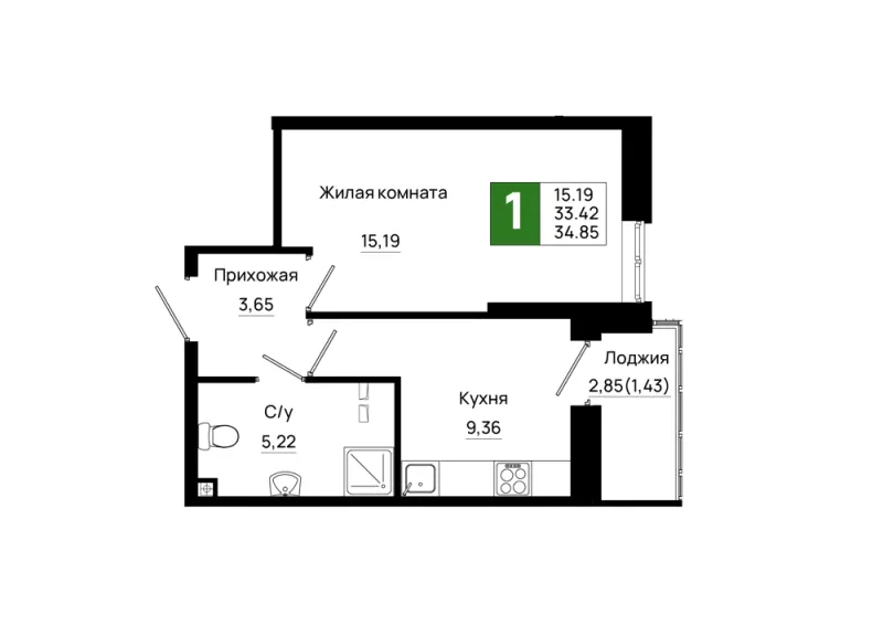 1-комн. 34.9 м²