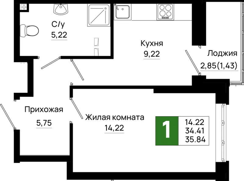 1-комн. 35.8 м²