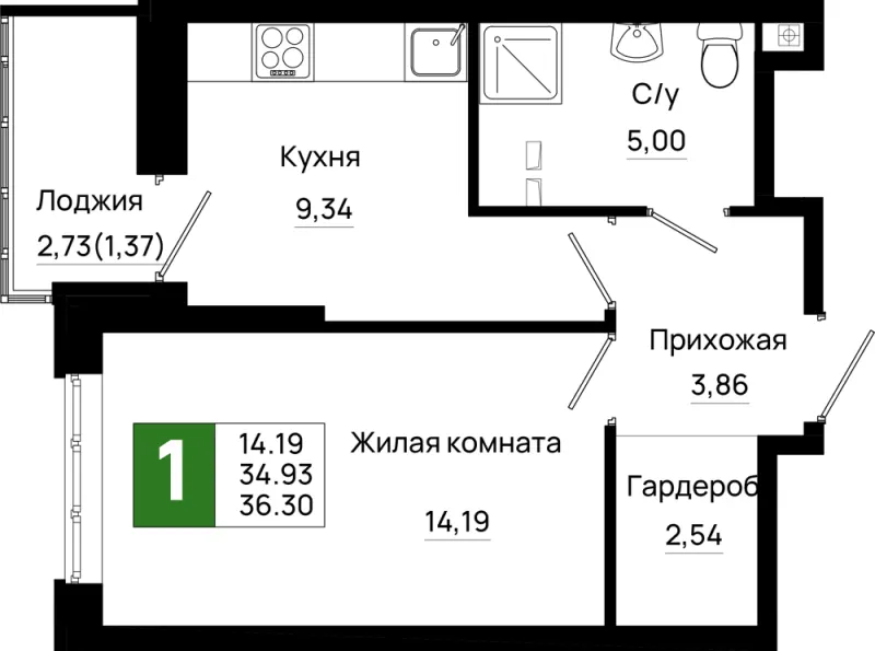 1-комн. 36.3 м²