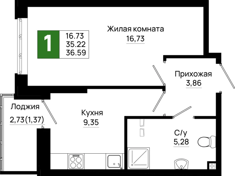 1-комн. 36.6 м²
