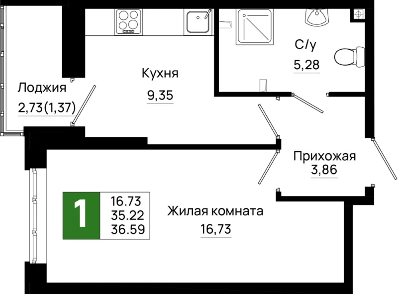 1-комн. 36.6 м²