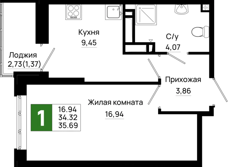 1-комн. 35.7 м²